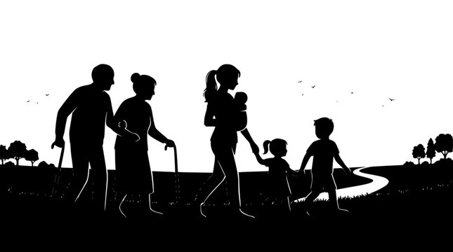 Family walking together during sunset on a path