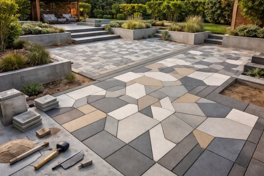 Modern outdoor flooring options with unique geometric paving slab arrangements at build site
