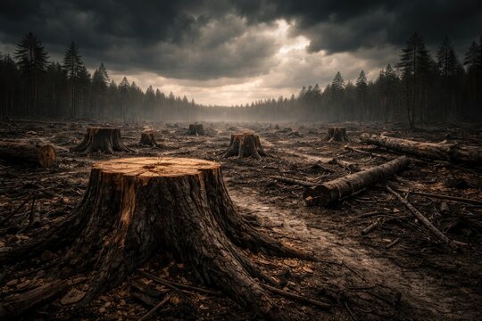 Tree stumps and environmental ruin highlighted under heavy cloud cover symbolizing forest loss