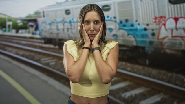 Woman, young blonde hispanic, with hands on cheeks at train platform on street as a red train passes nearby; anxiety waiting.