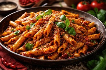 Fototapeta premium Appetizing rustic Italian penne smothered in spicy sauce