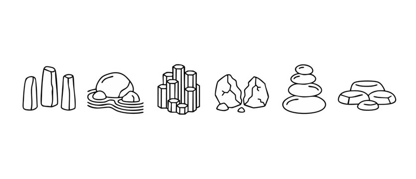 Stone and Rock Icons Set, Zen Meditation Stack and Basalt Columns, Vector Minimalist Line Art Collection for Nature, Geology, Spa, Relaxation, Wellness, Mineral Decoration, Landscape Design Elements