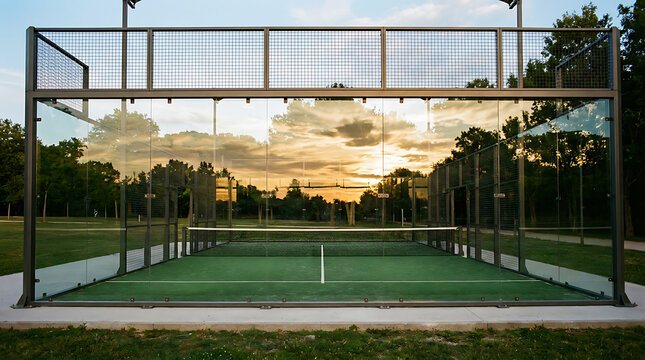 Padel court with glass walls and metal fence at sunset or sunrise in a park with trees and green grass