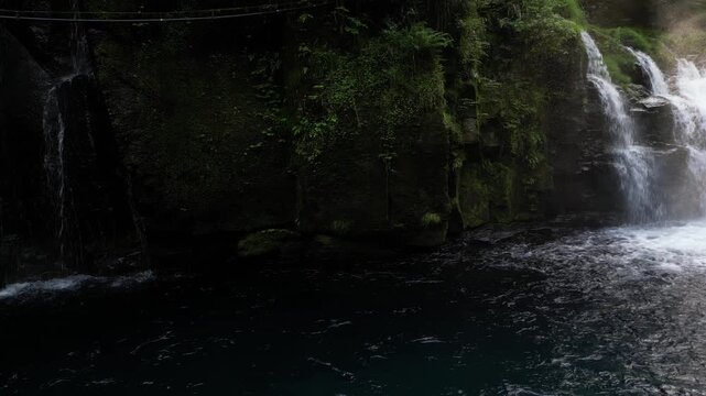 Tengu Waterfall, Kikuchi Gorge Japan | Fresh Green Forest, Clear Waterfall and Gorge Landscape Aerial Drone Background
