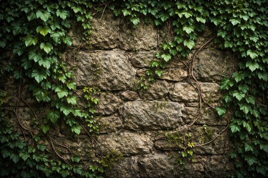 Rough stone wall featuring scattered green ivy leaves and curling vine tendrils