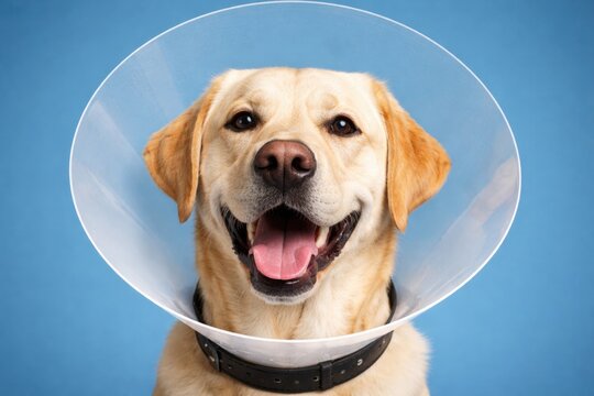 Cheerful Labrador Retriever in a cone collar on a solid blue background setting
