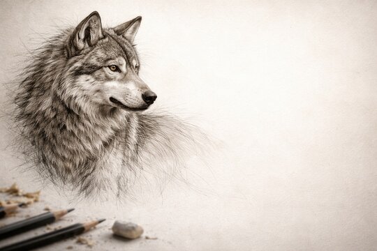 White smooth surface displaying a sideways wolf sketch with copy space