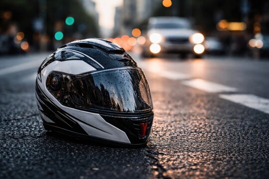 Protective motorcycle helmet on city road surface symbolizing traffic safety measures