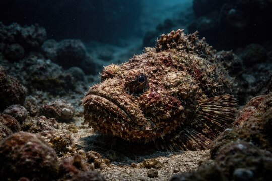 Underwater photograph featuring Synanceia verrucosa with copy space