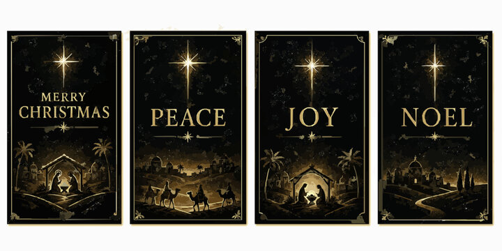 Elegant Nativity Star Card Set. Dark Luxury Christmas and New Year Greeting Card Template SVG Vector Collection with Holiday Poster Designs