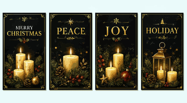 Candlelight Holiday Card Set. Dark Luxury Christmas and New Year Greeting Card Template SVG Vector Collection with Holiday Poster Designs
