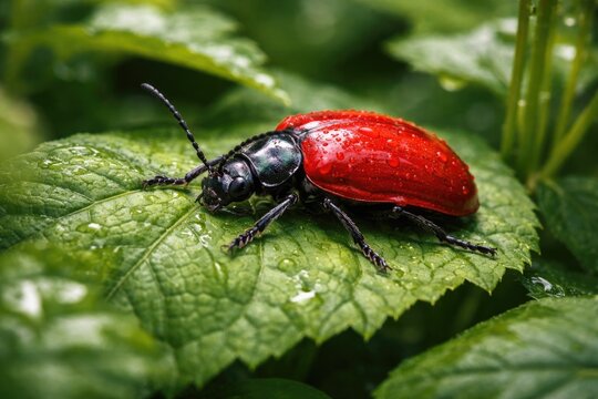 Vivid red beetle resting on lush garden leaves