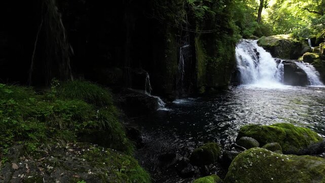 Tengu Waterfall, Kikuchi Gorge Japan | Fresh Green Forest, Clear Waterfall and Gorge Landscape Aerial Drone Background
