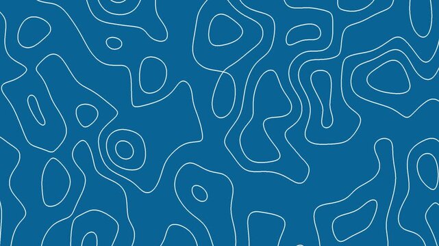 Abstract 4K motion graphics of white topographic contour lines moving on a deep blue background. Minimalist seamless loop video for professional overlays and modern backgrounds.