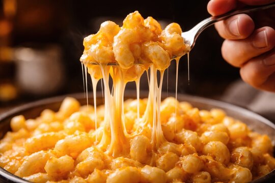 Macro shot of a hand grasping forkful of classic mac and cheese with stringy cheese drip