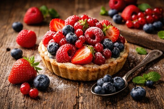 Strawberry raspberry blueberry and redcurrant dessert served on a vintage rustic wooden background