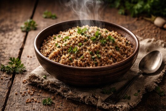 Buckwheat groats porridge with fresh herb garnish steaming in rustic bowl on wood plank surface