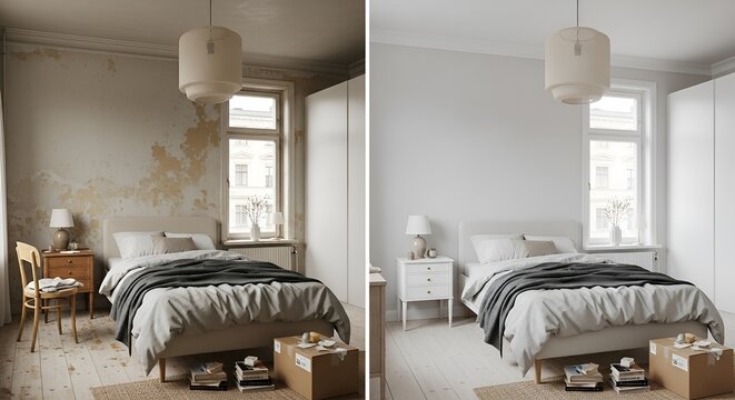 Comprehensive transformation of a neglected bedroom into a modern serene sanctuary transforming from dilapidated to pristine
