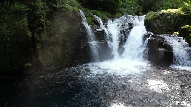 Tengu Waterfall, Kikuchi Gorge Japan | Fresh Green Forest, Clear Waterfall and Gorge Landscape Aerial Drone Background