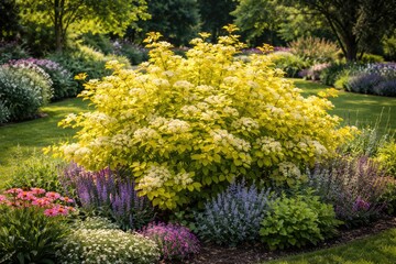 Obraz premium Vibrant yellow Physocarpus viburnifolia in a beautifully designed lush garden flowerbed landscape