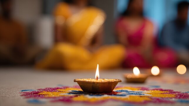 Indian family celebrating Diwali festival with colorful rangoli patterns and oil lamps Diya featuring traditional clothing and decorations for cultural celebration tradition heritage togetherness.