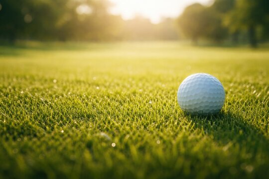 Sunlit golf ball on verdant grass with wide open area for text overlay