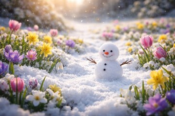 Obraz premium Snowy meadow with a tiny snowman and colorful spring blooms