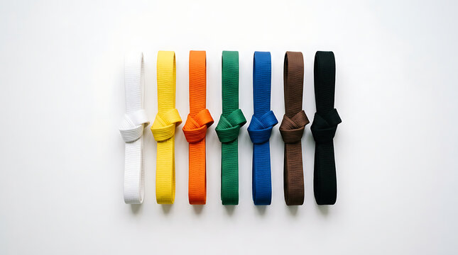 Martial arts belts in gradient colors seven ranks white yellow orange green blue brown black on plain background