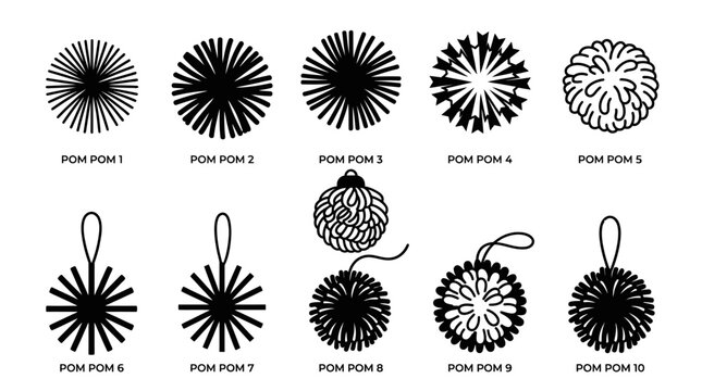 Black And White Pom Poms Cheerleading Accessories Set Vector Illustration