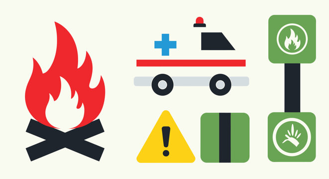 Warning signs and emergency vehicle icons.