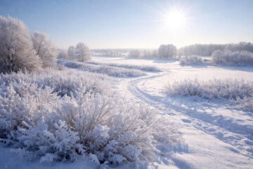Obraz premium Snow covered fields and frosty bushes under bright winter sunlight