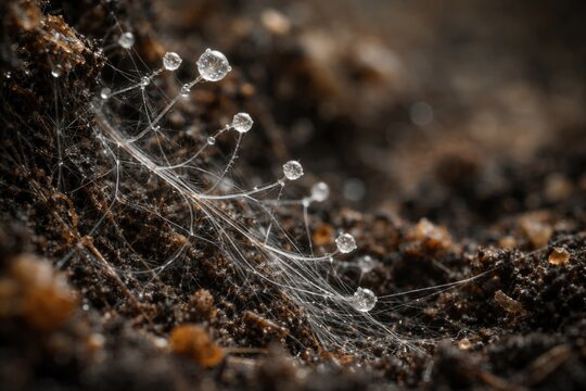 Soil biology fungal hyphae microscopy in compost samples including copy space