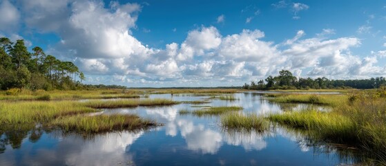Fototapeta premium Serene marsh wetland landscape with shallow water reflecting blue sky and clouds showcasing peaceful natural habitat perfect for ecosystem conservation and environmental preservation concept.