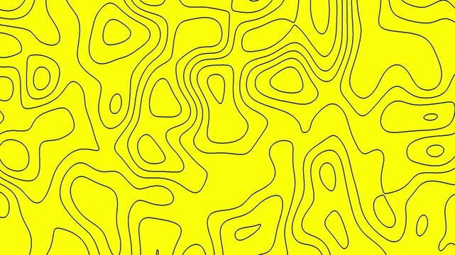 Abstract 4K motion graphics of black topographic contour lines moving on vibrant yellow background. Minimalist seamless loop video for creative overlays and modern backgrounds.