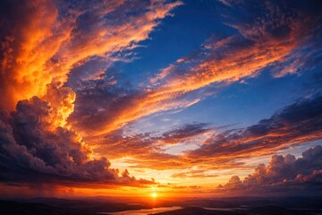 Fototapeta premium Panoramic view of evening sky with intense orange and blue cloud formations