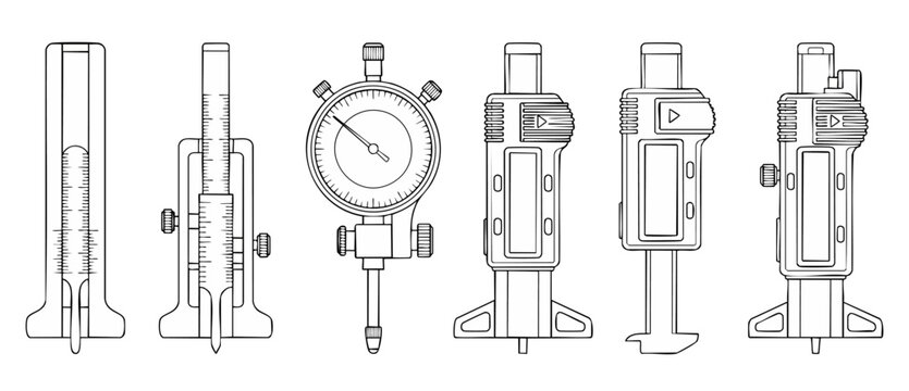 Depth Gauge and Caliper Collection - Precision Measurement Tools Icon Set for Engineering and Industrial Quality Control Inspection Design, Black Line Vector Illustration Isolated on White Background