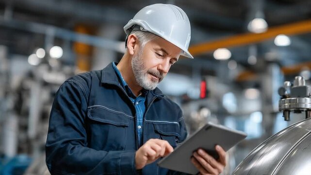 The Inspector's Precision: An engineer, deep in concentration, meticulously examines a tablet within a manufacturing facility, highlighting diligence and expertise.