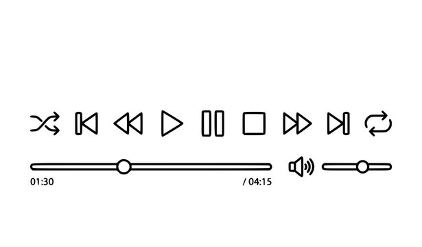 Music and Video Playback Control Bar Icons Set with Play Pause and Audio Player Symbols Vector Illustration