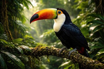 Naklejka premium exotic toucan bird perched amidst dense foliage in vibrant forest environment