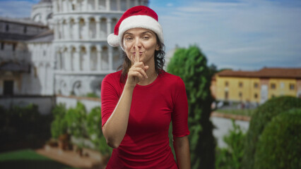 Naklejka premium Woman in santa hat finger to lips for silence in piazza by the leaning tower wearing red shirt and smiling; playful holiday cheer.