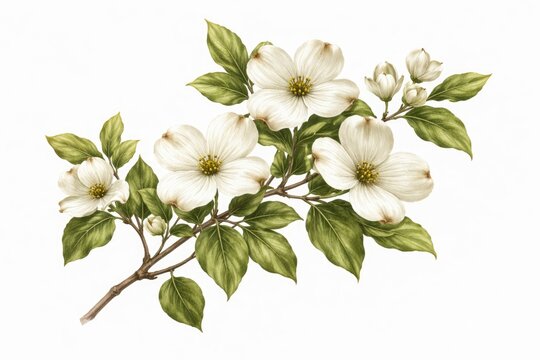 Hand painted white dogwood floral illustration with detailed green leaves set against a white background