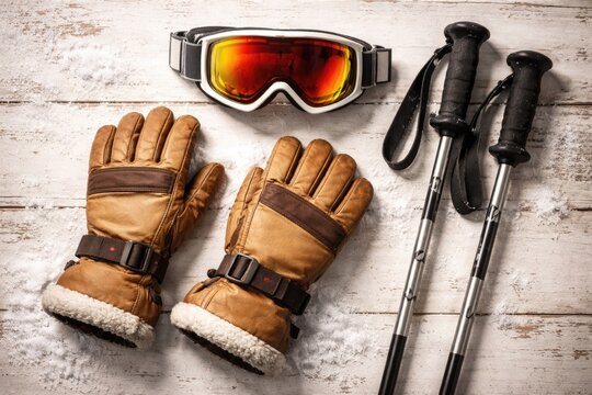 Flat lay of vintage white table holding skiing gloves goggles and poles illustrating winter sports theme
