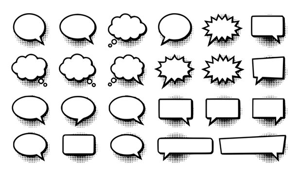Retro Comic Speech Bubble Set with Halftone Shadow Effects Vector Illustration Collection on White Background
