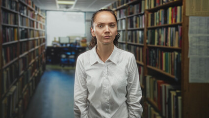 Woman with visible face tilting head and slight smirk standing between tall bookshelves in building, wearing white shirt and relaxed posture  doubt. © Krakenimages.com