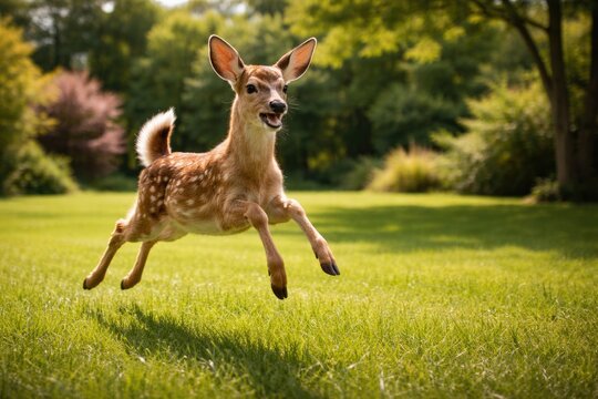 Cheerful pet deer bounding across a bright green grass lawn on a sunny summer day full length scene