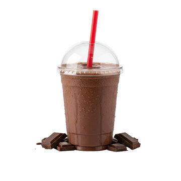 Rich, dark chocolate milkshake in a clear plastic cup with heavy condensation, red straw, and scattered dark chocolate shards on a white background with reflection. High-end beverage advertising