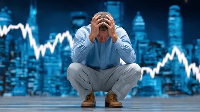 Financial Distress: A dejected individual grapples with the weight of financial burden, depicted against the backdrop of a downward-trending stock chart and cityscape