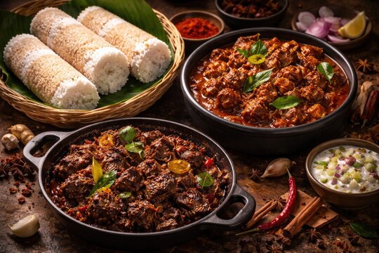 Aromatic Spicy Beef Curry Served with Puttu and Classic Buffalo Roast