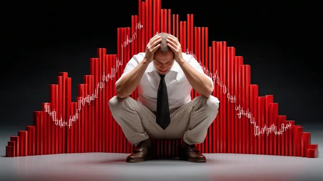 Despair in the Economic Downturn: A man crouches, his face etched with worry, amidst a dramatic visual representation of financial turmoil, symbolizing economic downturn and hardship.