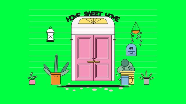 Flat Vector Illustration of a Charming House Entrance with Pink Double Doors and Potted Plants and Home Sweet Home Text